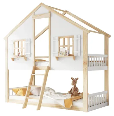Image de Lit superposé pour enfants - Lit pour enfants - Fenêtres et toit - Structure à lattes robuste - Barrières de sécurité - Bois de pin, MDF et contreplaqué - 90 x 200 cm