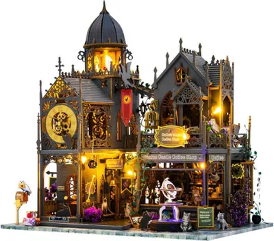 Produktbild von Habarri | Miniaturhaus - DIY-Puppenhaus - Holzhaus mit Möbeln und LED-Beleuchtung - Geschenk für Kinder - Turm mit goldener Uhr