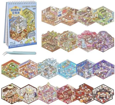 Immagine prodotto di Adesivi decorativi in miniatura con animaletti dei cartoni animati in stile kawaii per journaling, agende e scrapbooking - Adesivi con scene di case in miniatura