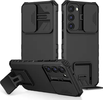 Immagine prodotto di Custodia per Samsung Galaxy S23 a doppio strato robusta, protezione militare con supporto e protezione fotocamera scorrevole nera