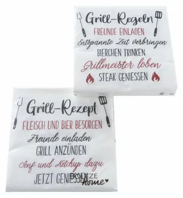Produktbild von 2 x 20 Servietten BBQ Grillen 'Grill-Regeln & Grill-Rezept' weiß schwarz rot