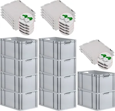 Produktbild von SuperSparSet 10x Eurobox NextGen Grip mit Scharnierdeckel und grünen Schiebeschnappverschlüssen | HxBxT 32x40x60cm | 65 Liter | Grau | Griffe offen | Verstärkter Boden | Eurobehälter, Transportbox, Transportbehälter, Stapelbehälter