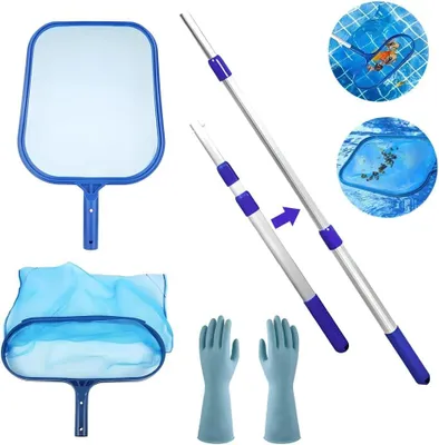 Produktbild von Pool Reinigungsset mit Teleskopstiel, 34 cm tiefes Netz, Handschuhe, für Schwimmbad