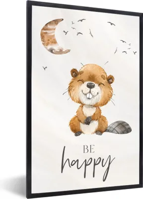 Produktbild von MuchoWow® Gerahmtes Poster Zitate - Glücklich sein - Kinder - Mond - Biber - Aquarell 40x60 cm - Poster mit Schwarzem Bilderrahmen Wandposter Rahmen Foto Bilder - Papierdruck - Wandbilder