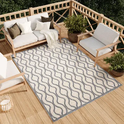 Produktbild von Teppich Outdoor Indoor Wohnzimmer Schlafzimmer Modern Design Terrasse Balkon Creme Grau 120 x 170 cm