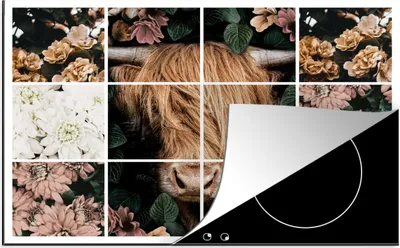 Produktbild von KitchenYeah© Herdabdeckplatte Collage - Schottischer Highlander - Blumen , 81x52cm, Küche Deko, Glaskeramikkochfeld Herdabdeckung, Abdeckplatte fùr Kochfeld