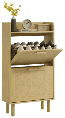 Immagine prodotto di HOMCOM Mobile Portascarpe Stretto per Ingresso, con 2 Cassetti Ribaltabili, Ripiani Regolabili e Piano Superiore, Rovere