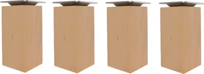Four wooden furniture legs with metal mounting plates are displayed against a white background.