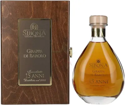 Imagen del producto de Sibona RISERVA SPECIALE, aguardiente de Barolo, añejado 15 años, en caja de madera, 44%, 0,50 litros.