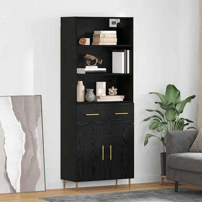 Zdjęcie produktu dla Wysokiej jakości komoda, czarny kolor, imitacja dębu, wymiary 69,5 x 34 x 180 cm. Nowoczesna szafka do salonu wykonana z płyty wiórowej, z szufladą i drzwiczkami, idealna do jadalni, przedpokoju lub salonu