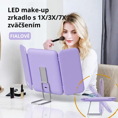 Obrázok produktu pre LED make-up zrkadlo s 1X/3X/7X zväčšením – dotykové ovládanie, trojkrídlový skladací dizajn, otočné a prenosné – Fialové