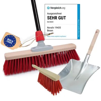 Productafbeelding van Novaliv straatveger met steel, 40 cm, met Elaston borstels, inclusief veegset in zwart, bestaande uit een veegplaat en een handveger. Ideaal als tuinveger, terrasveger, erfveger, stalveger of veegveger voor buiten