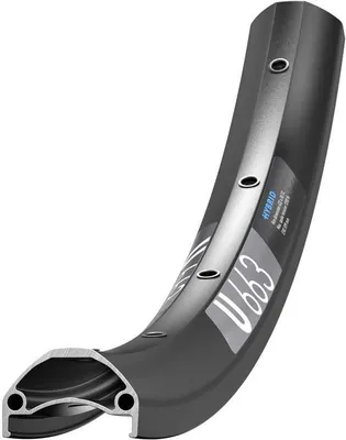 A close-up, angled view of a bicycle rim, showing its cross-section and some branding.