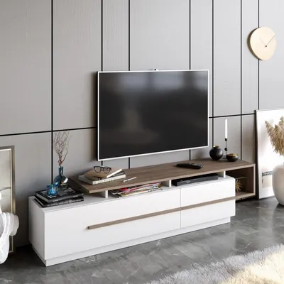 Image de Meuble TV en panneau mélaminé noyer et blanc 180 x 46,4 x 38,9 cm