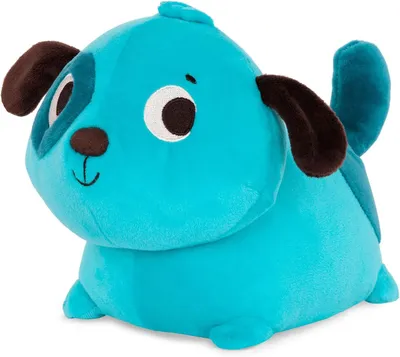 A blue plush puppy toy with brown ears and eye patch.