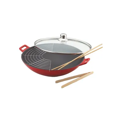 Produktbild von Baumalu WOK 382872 Fonte Rouge Degrade Wokpfanne, 36 cm max. Durchmesser, Gusseisen/Gussaluminium, Induktionsherd-geeignet, Antihaftbeschichtung, inkl. Deckel