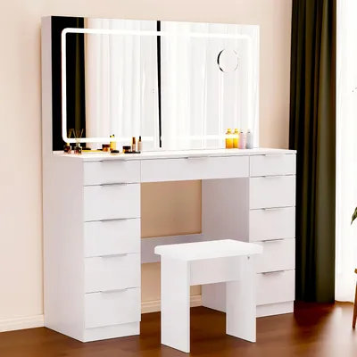 Produktbild von OYAJIA Schminktisch Groß mit Spiegel und LED Beleuchtung 117cm,Farbtemperatur Einstellbar, ,7 Schubladen Schminktisch mit Steckdose mit Hocker Weiß
