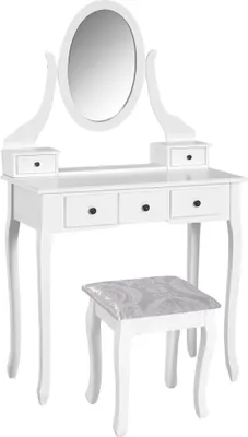 Image de Coiffeuse - Coiffeuse avec miroir - 5 tiroirs - Tabouret inclus - Blanc