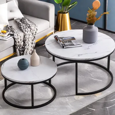 Produktbild von Fortuna Lai Couchtisch 2er Set Beistelltisch Rund 80 x 45 cm & 60 x 33 cm Wohnzimmertisch Sofatisch Marmor Muster Holztisch Metallrahme Schwarz