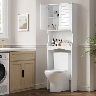 Image de Armoire murale blanche pour WC, avec 3 étagères et deux portes à persiennes