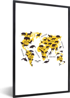 Produktbild von MuchoWow® Gerahmtes Poster Karte - Welt - Tiere 60x90 cm - Poster mit Schwarzem Bilderrahmen Wandposter Rahmen Foto Bilder - Kunst