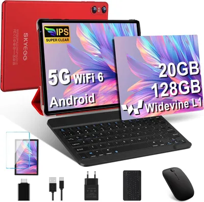 Produktbild von Skyegg 10 Zoll Tablet, Android 14, 128GB erweiterbar, Octa-Core, 6000mAh, GPS, Bluetooth, inkl. Tastatur & Maus, Rot