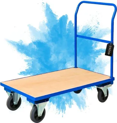 Produktbild von Profi Plattformwagen | HxBxT 102x60x98cm | Traglast 450kg | Vollgummibereifung, 2x Lenkrollen mit Feststellbremse & 2x Bockrollen | Lichtblau | Transportwagen Transporthilfe Handwagen