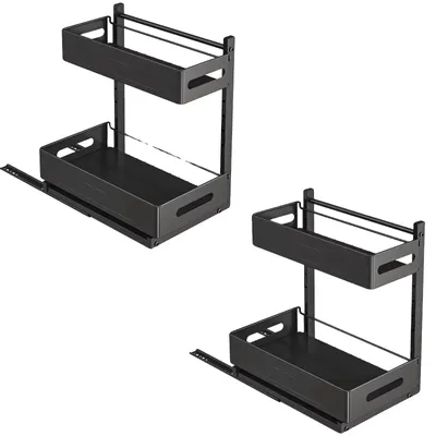Image de Organisateur sous évier, rangement coulissant à 2 niveaux, solution polyvalente pour la cuisine, noir - lot de 2