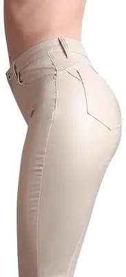 Produktbild von topschuhe24 2992 Damen Skinny Hose Lederoptik High Waist , Farbe:Beige, Größe:44 EU