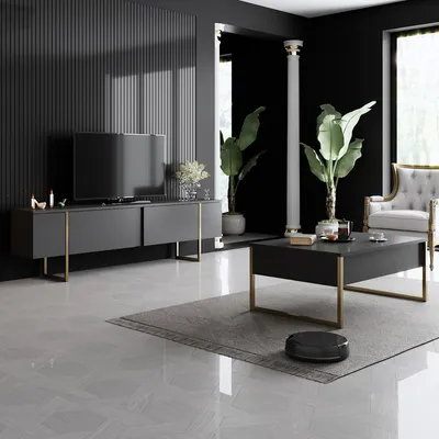 Produktbild von Skye Decor, Luxe Set - Anthracite, Gold, Wohnzimmermöbel-Set, Anthrazit, 100 % MELAMINBESCHICHTETE SPANPLATTEN, 180 x 30 x 47 cm