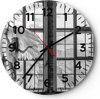Produktbild von Wanduhr - Rund - Glasuhr - Frau Engel Ansicht - 30x30cm - Schleichendes Uhrwerk - Lautlos - zum Aufhängen bereit - Dekoration Modern - Wanddekoration aus Glas - C4AR30x30-4214