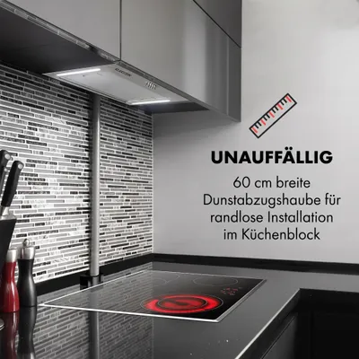 Produktbild von Klarstein Down Under - Dunstabzugshaube, Ablufthaube, Einbau, 60cm, 590 m³/h Abluft, 190 Watt Motorleistung in 3 Stufen, LED, Edelstahl, 61 dB leise, Montage-Set, Silber