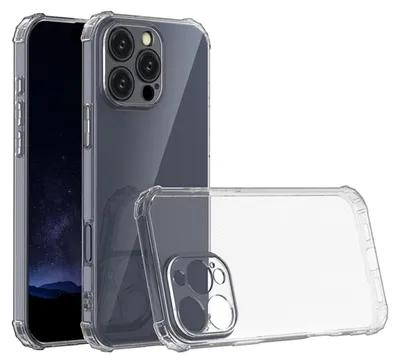 A clear protective case for an iPhone is shown from multiple angles against a white background.