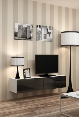 Zdjęcie produktu dla Cama Szafka RTV VIGO '140' 30/140/40 biały/czarny połysk, Biały, Płyta wiórowa, Biały, Płyta wiórowa, Laminat, Matowy