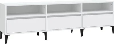 A white TV stand with three sections, each with an open shelf above a drawer, and black legs.