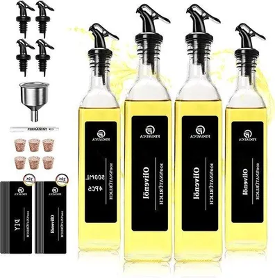 Immagine prodotto di Set di 4 bottiglie per olio da 500 ml - Bottiglie in vetro per olio con etichette - Bottiglie per olio da cucina, aceto e altro ancora