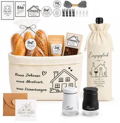 Einweihungsgeschenk-Set: Brotkorb, Streuer, Weintasche & Karte