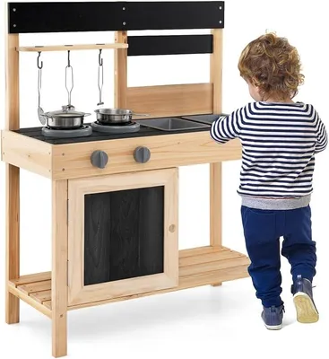 Imagen del producto de Cocina de juguete para exteriores, cocina infantil con 2 fregaderos, placa de cocina y pizarra, cocina de madera con accesorios, cocina de juguete con 3 ganchos y estantes, para niños a partir de 3 años