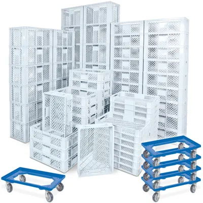 Produktbild von 78 Stück Stapelkörbe/Bäckerkästen in 5 Größen, Grundmaß LxB 600 x 400 mm, H 90 mm, 150 mm, 240 mm, 320 mm, 410 mm, Farbe weiß + 5x Transportroller, blau