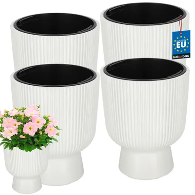 Produktbild von KOTARBAU® 4er Set Blumentopf ⌀ 23cm Orchideentopf Übertopf mit Innentopf Pflanzentopf mit Sockel Geriffelt Kelchform Pflanzkübel aus Kunststoff Weiß