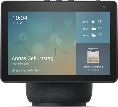 A smart home hub with a screen displaying time, weather, calendar events, and music information.