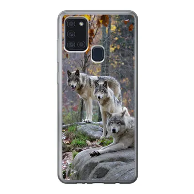 Produktbild von MuchoWow® Handyhülle Schutzhülle Hülle für Samsung Galaxy A21s Wölfe - Fels - Wald Silikon Softcase Handy Hülle - Hartschale