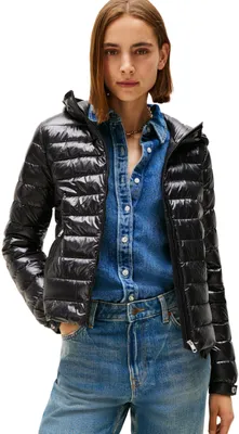 Productafbeelding van Tommy Hilfiger dames gewatteerde jas, donsjas met capuchon en rits, zwart