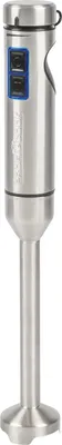 A studio shot of a silver immersion blender against a white background.