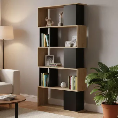 Produktbild von Bücherregal mit fünf asymmetrischen Regalen, Eiche und schwarze Farbe, Maße 80 x 175 x 29 cm