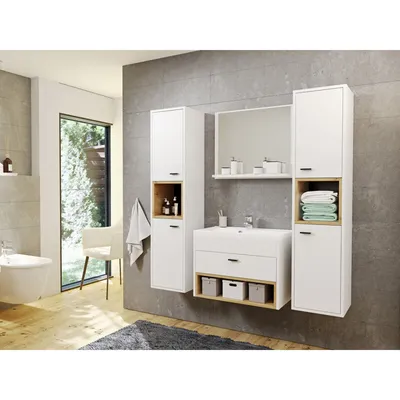 A modern bathroom vanity set with storage cabinets and a sink, set against a grey tiled wall.