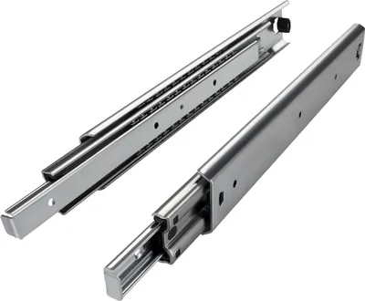 Two metal drawer slides are shown against a white background.