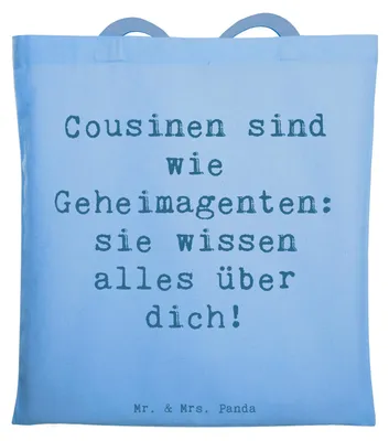 Produktbild von Mr. & Mrs. Panda Stoffbeutel Spruch Cousinen Geheimagenten - Sky Blue - Geschenk, Wissen, Lächeln, Verwandtschaft, Verwandte, Tasche, Familie, Jutebeutel, Einkaufstasche