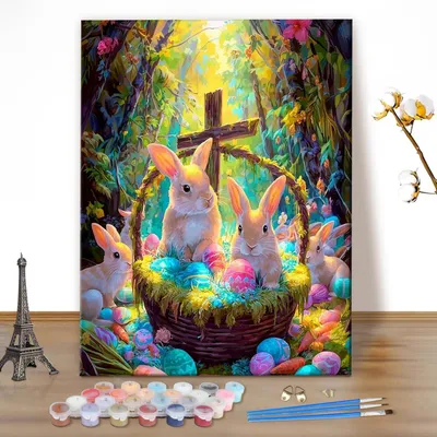 Obrázek produktu pro Malování podle čísel: Velikonoční zajíc, jarní motiv, kreativní sada, DIY, 40x50 cm (bez rámu)