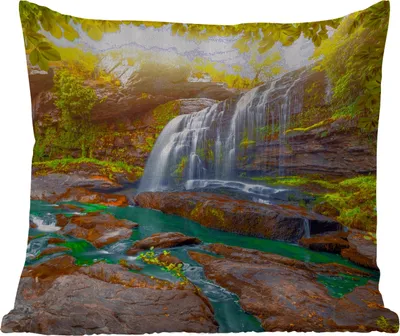 Produktbild von MuchoWow® Outdoor Kissen - Natur - Wasserfall - Pflanzen - Bäume - Sonne - 60x60 cm - Wetterfest - Lounge Kissen - Dekoration - Schlaf Kissen